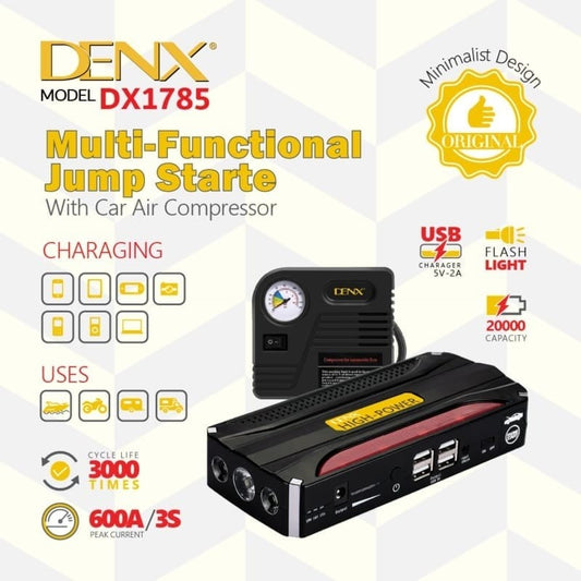 DENX DX1785 – جهاز تشغيل الطوارئ متعدد الوظائف مع كمبروسور هواء | Jump Starter 20000mAh